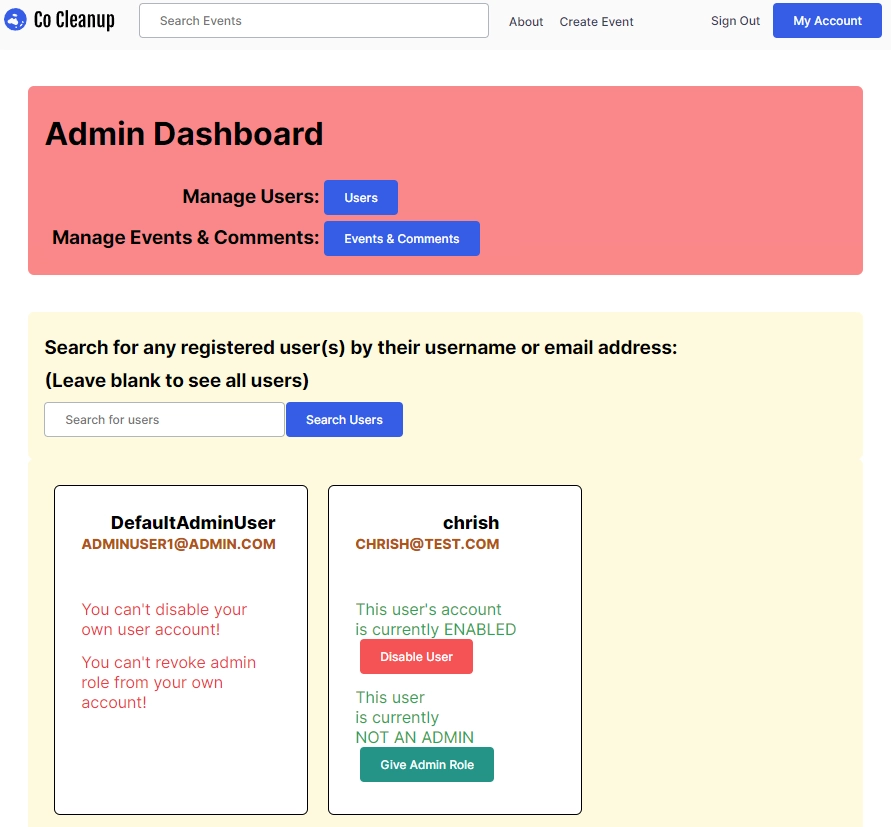 Screenshot of 'Co Cleanup' MERN app