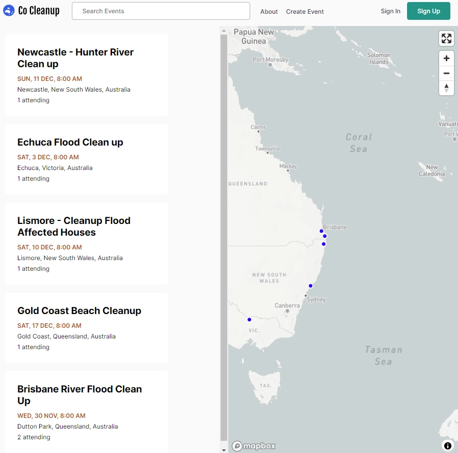 Screenshot of 'Co Cleanup' MERN app